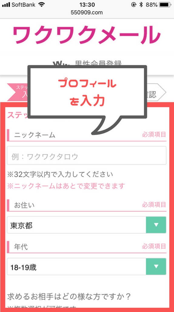 ワクワクメール プロフィール入力